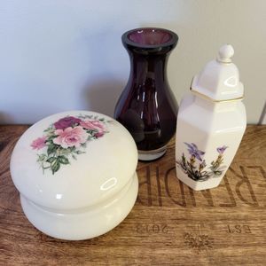 Vintage Decor Bundle Porcelain Trinket Box Porcelain Jar Purple Glass Vase